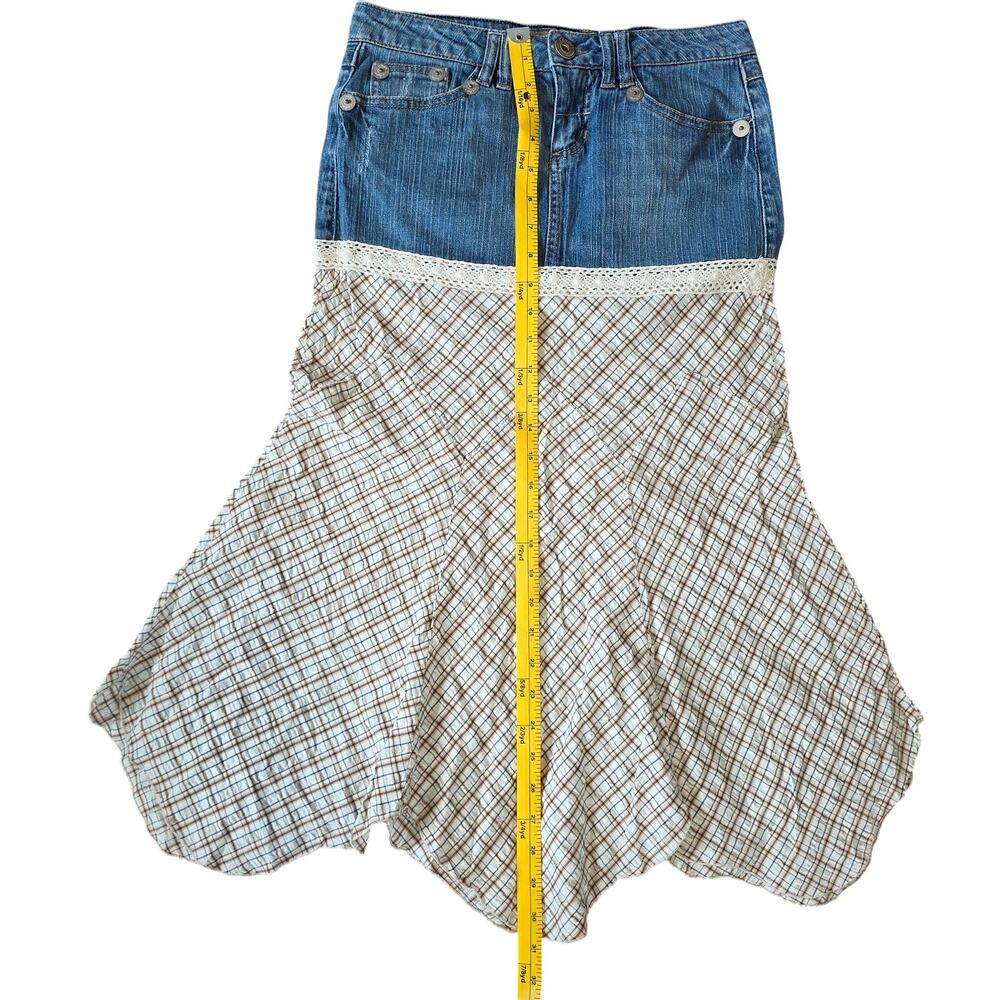 Vtg Y2K Candie's Denim Plaid Asymmetrical Lace Trim Handkerchief Midi Skirt - Picture 5 of 13